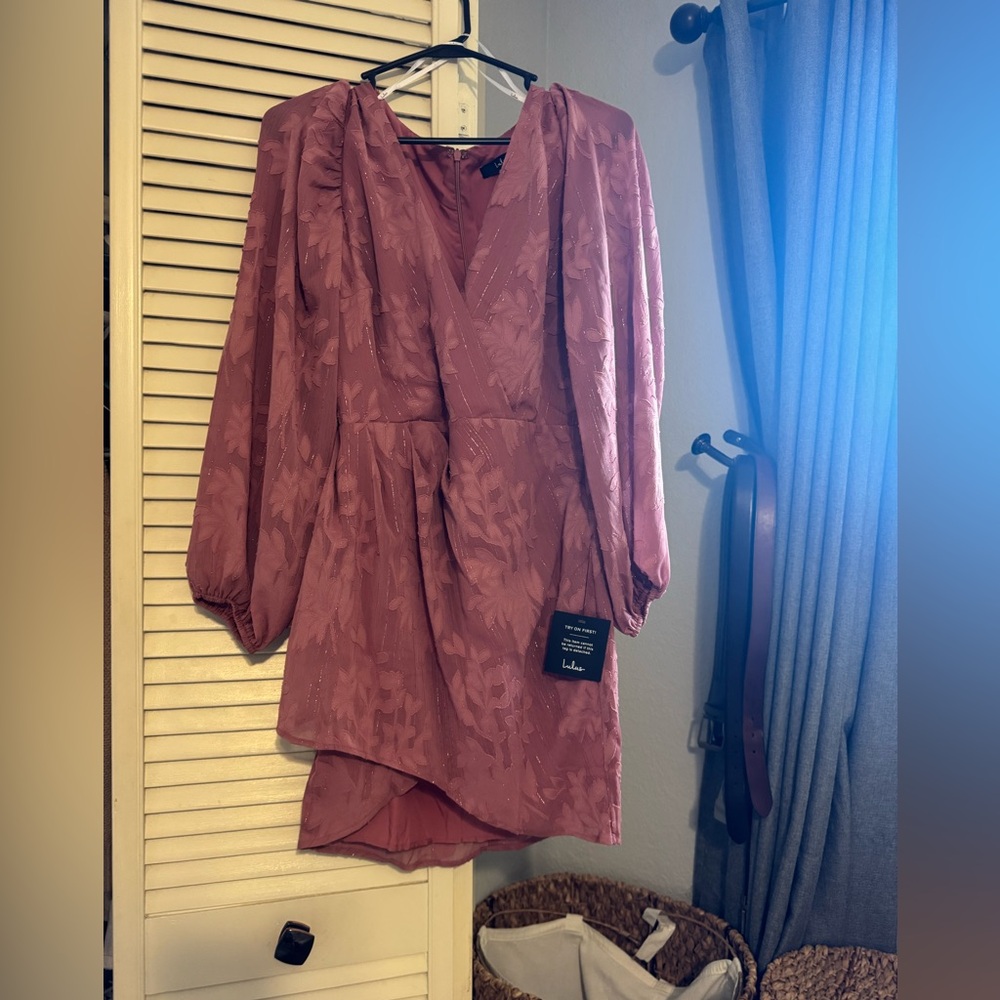 Lulus Meant To Shine Mauve Floral Jacquard Long Sleeve Mini Dress - Size S NWT - Picture 6 of 9